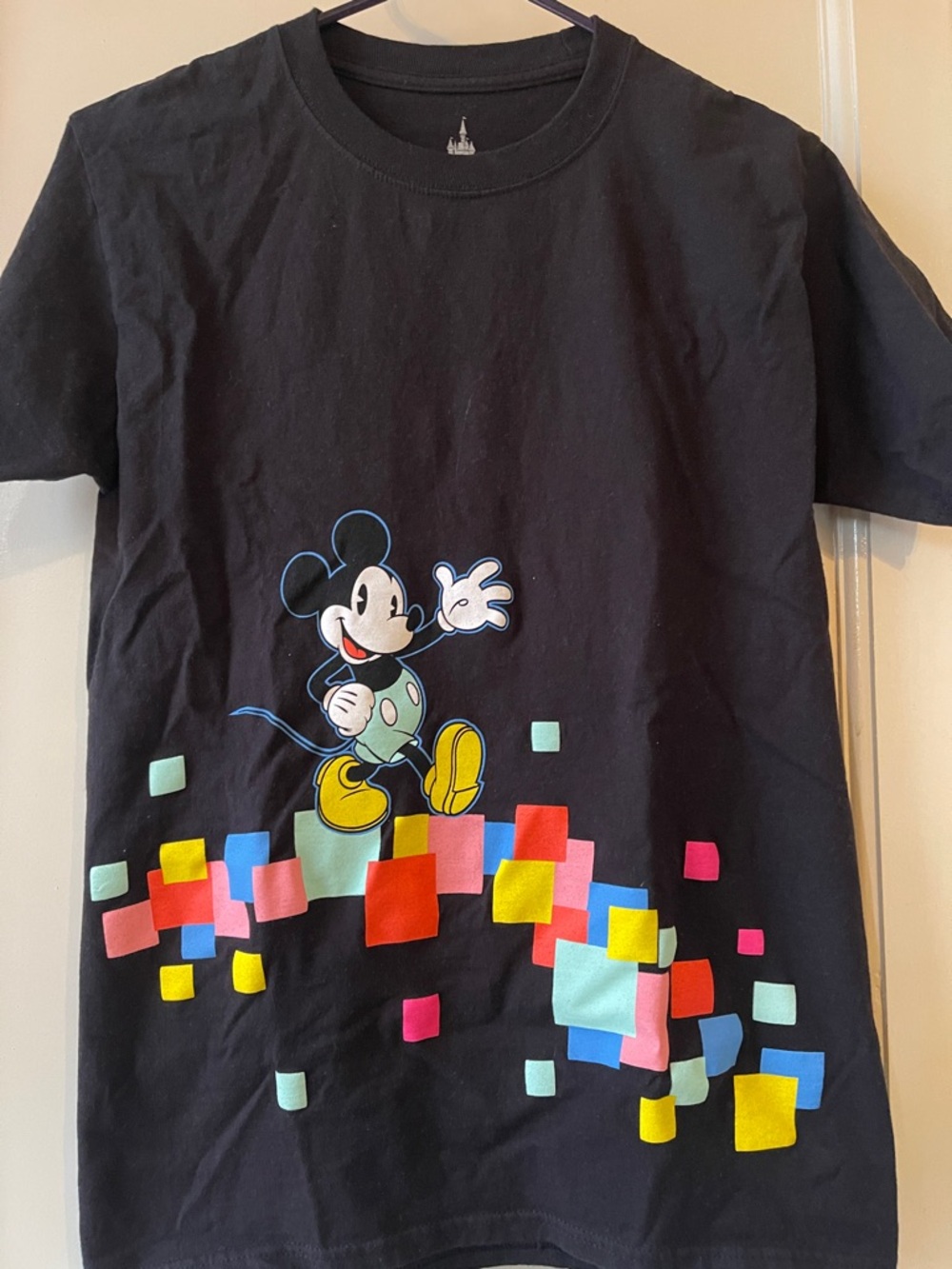 Disney Black Mickey Mouse Graphic Tee with Multicolor Squares